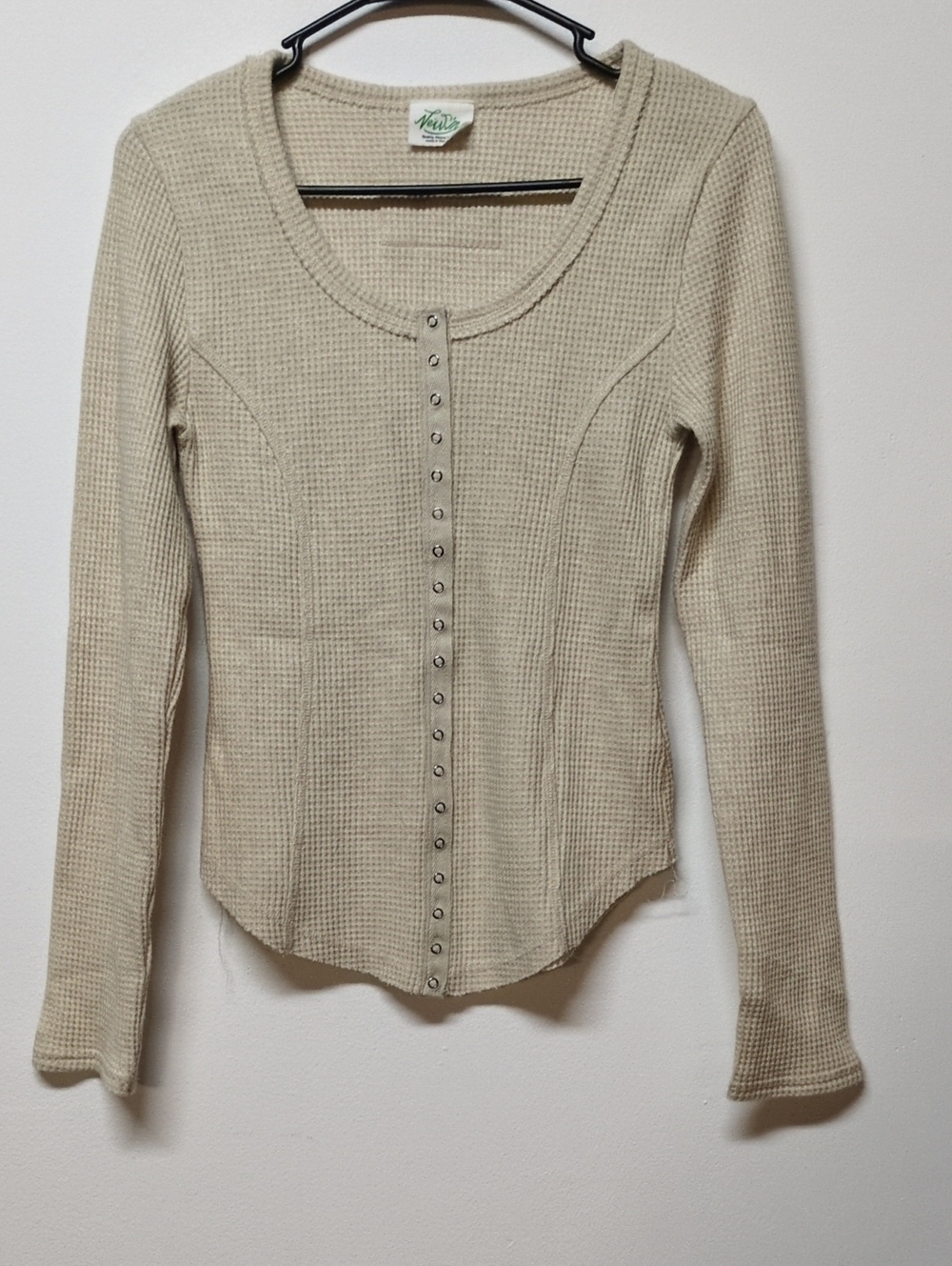 New Me Waffle Knit Top Snap Front Long Sleeve Scoop Neck, Size S